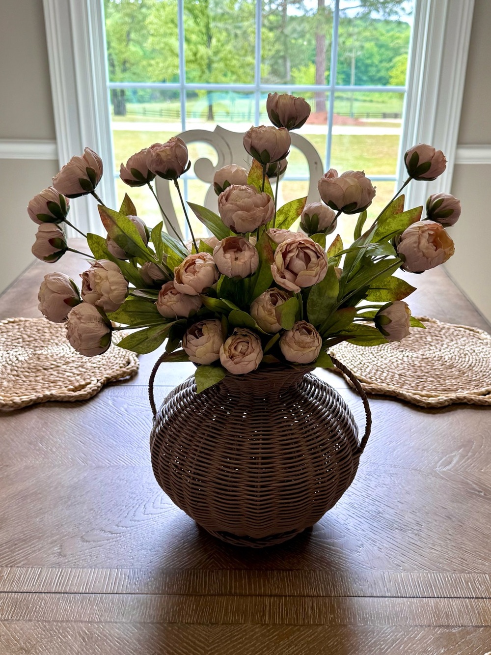 Viral Tan Peonies by Ashland Floral Arrangement in a Dark Brown Basket. - Picture 2 of 9